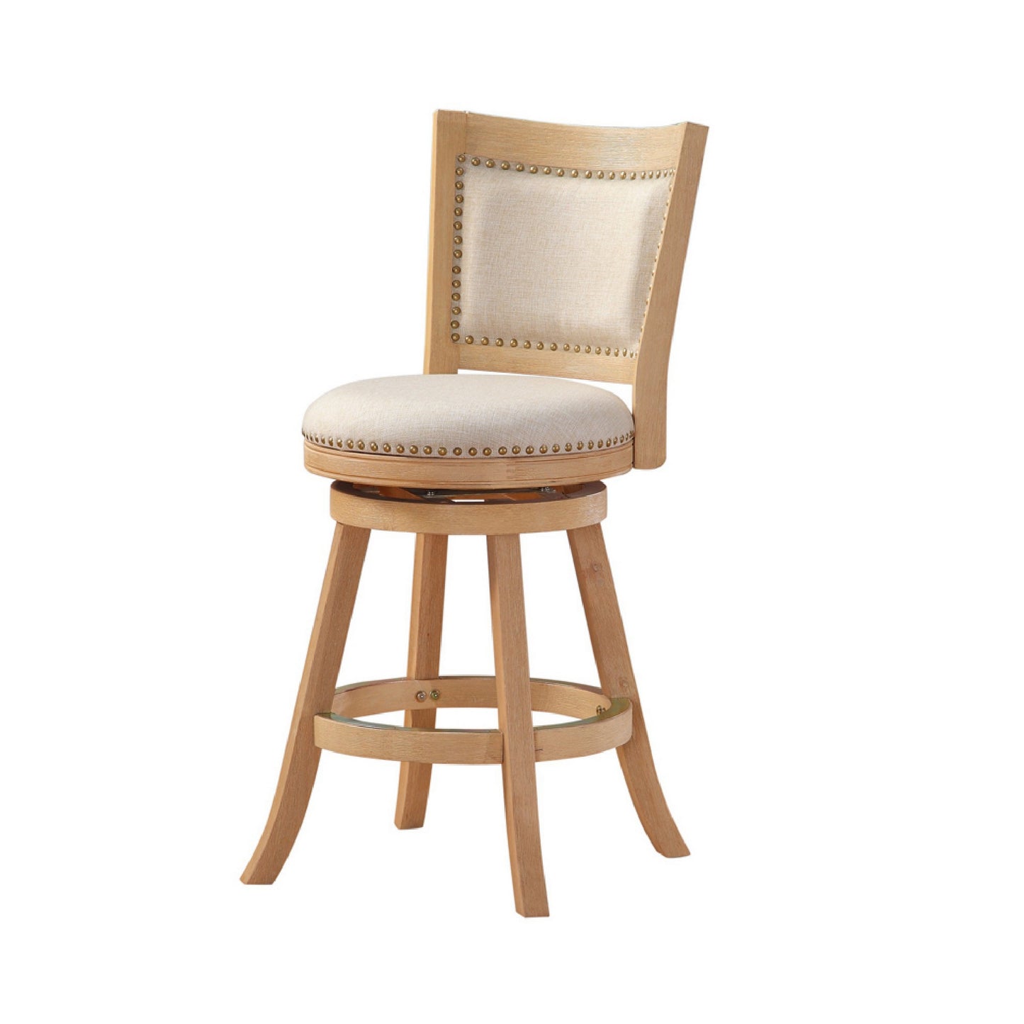 Kia 24 Inch Solid Wood Swivel Counter Stool, Curved Panel Back, Brass Nailheads, Ivory — Chic Home-Decor