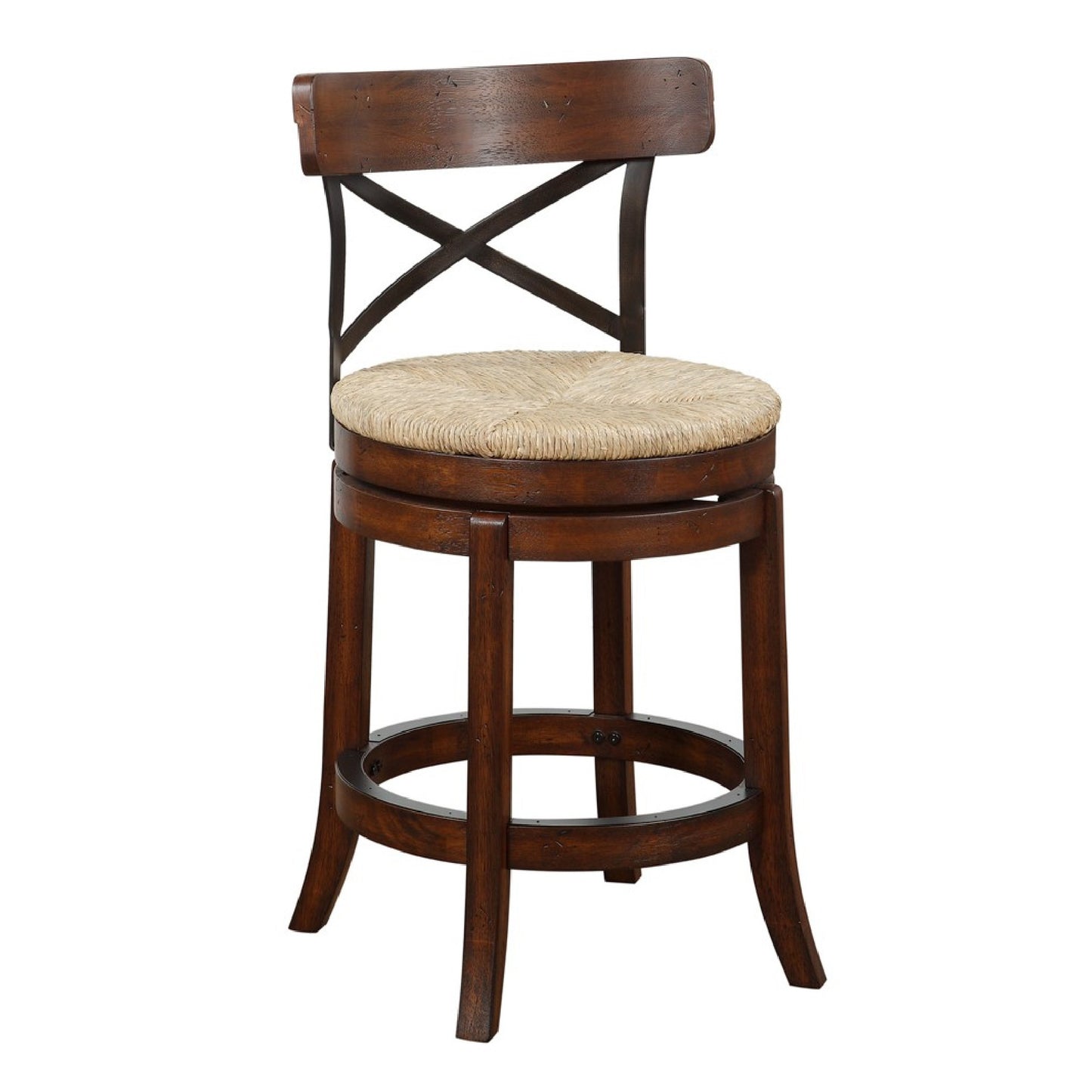 Mia 24 Inch Swivel Counter Stool, Crossed Metal Back, Sedge Seat, Brown — Chic Home-Decor