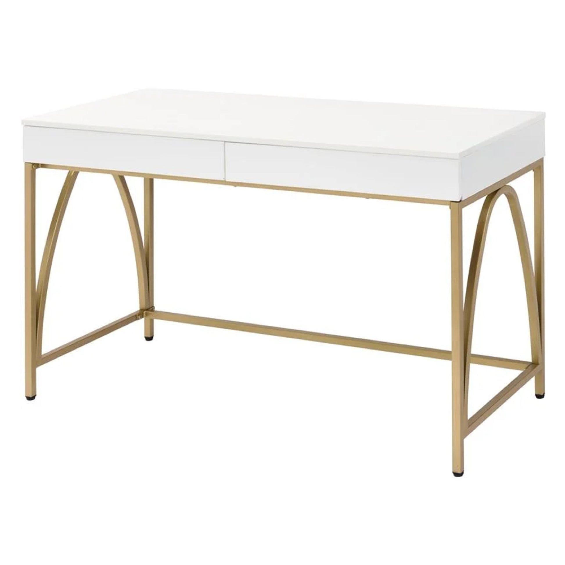 50 Inch Desk Console Table, 2 Drawers, Metal Inverted U Frame, White, Gold — Chic Home-Decor