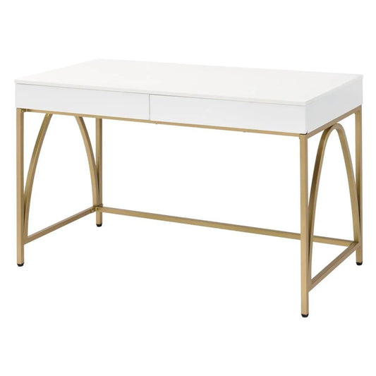 50 Inch Desk Console Table, 2 Drawers, Metal Inverted U Frame, White, Gold — Chic Home-Decor