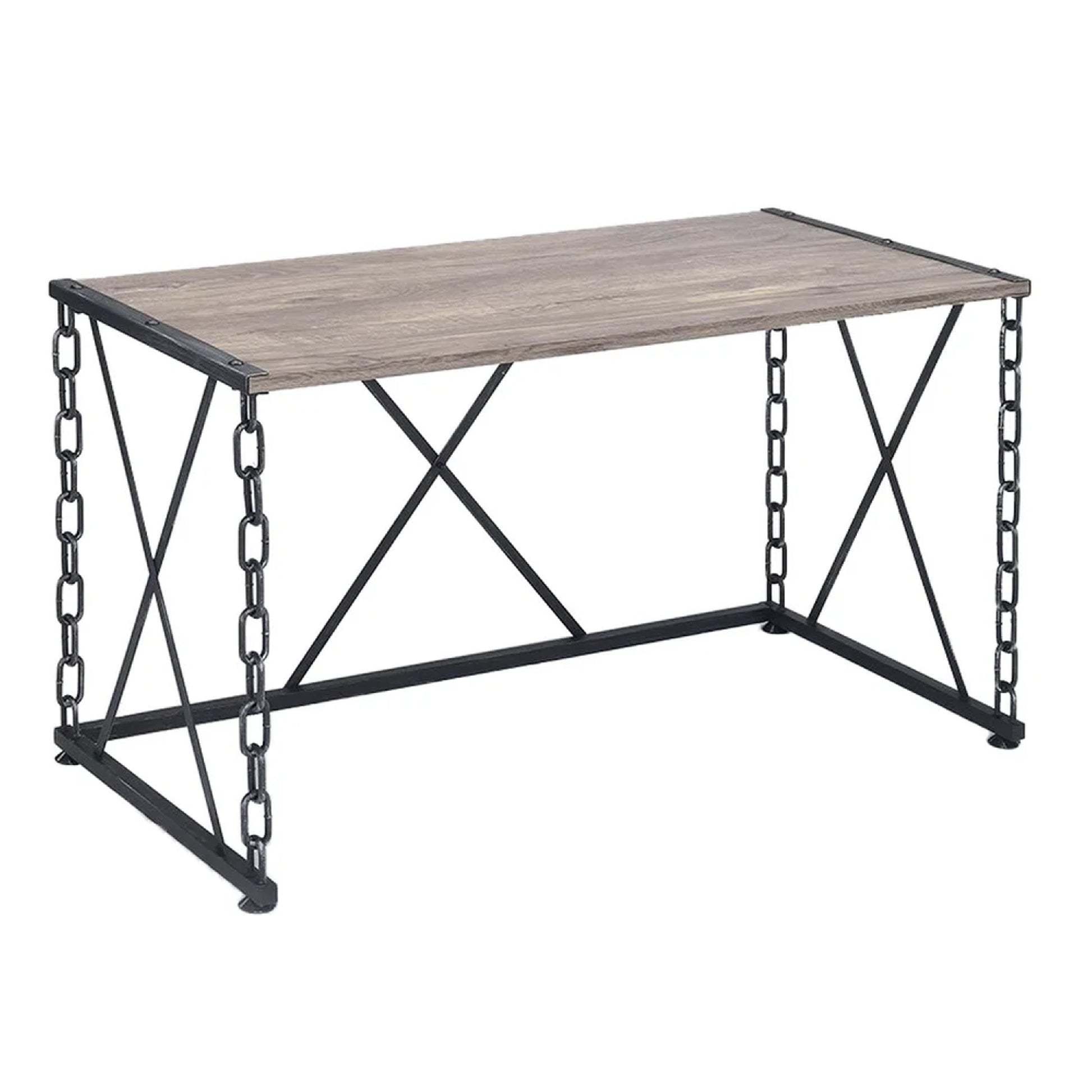 48 Inch Console Desk Table, Metal Chain Base, Oak Brown, Black — Chic Home-Decor