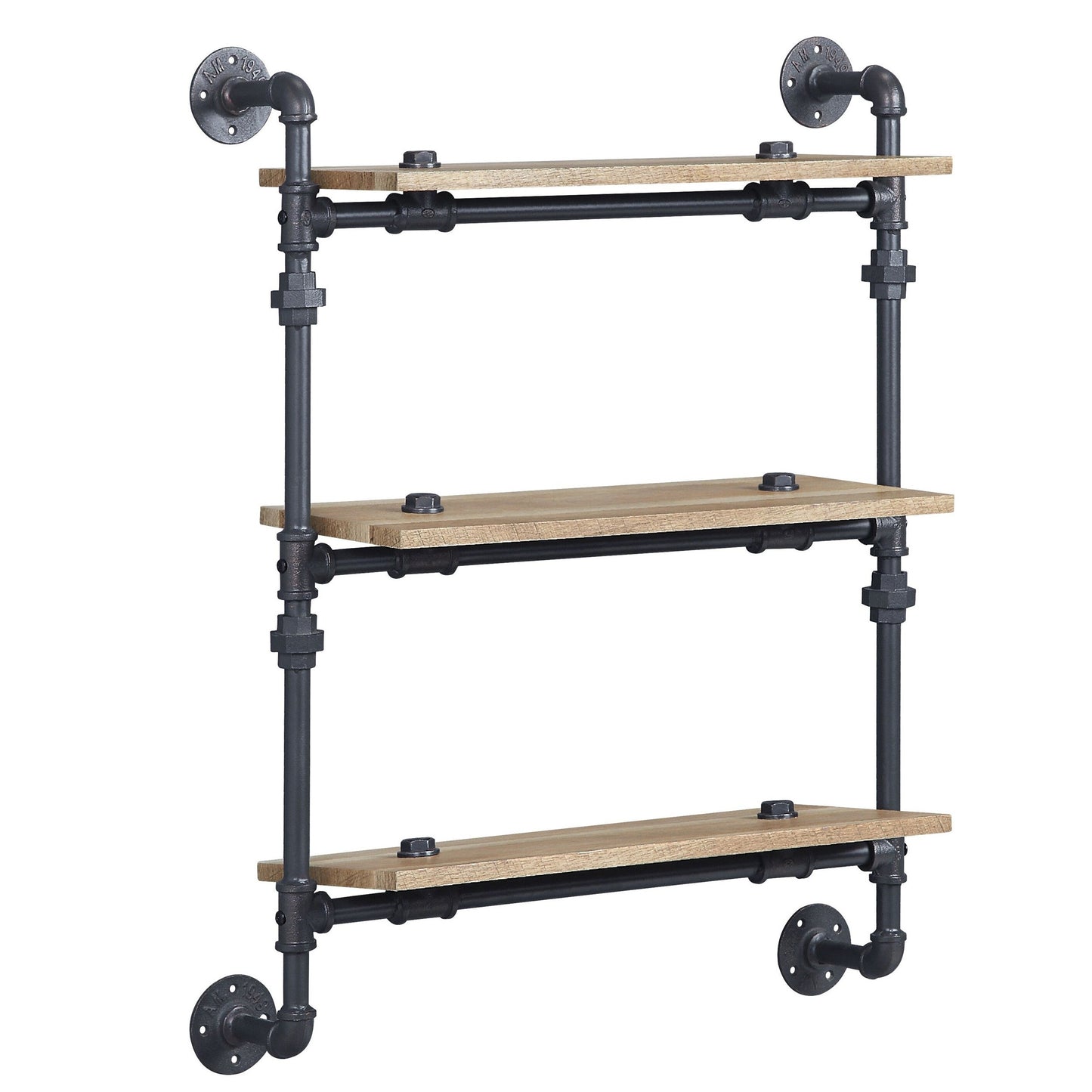 Vida 35 Inch Wall Mount Rack, 3 Tier, Industrial Pipe Frame, Brown, Black — Chic Home-Decor