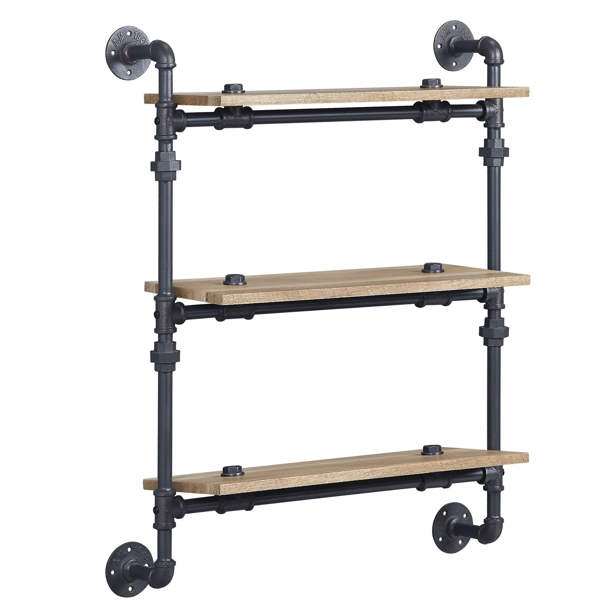 Vida 35 Inch Wall Mount Rack, 3 Tier, Industrial Pipe Frame, Brown, Black — Chic Home-Decor