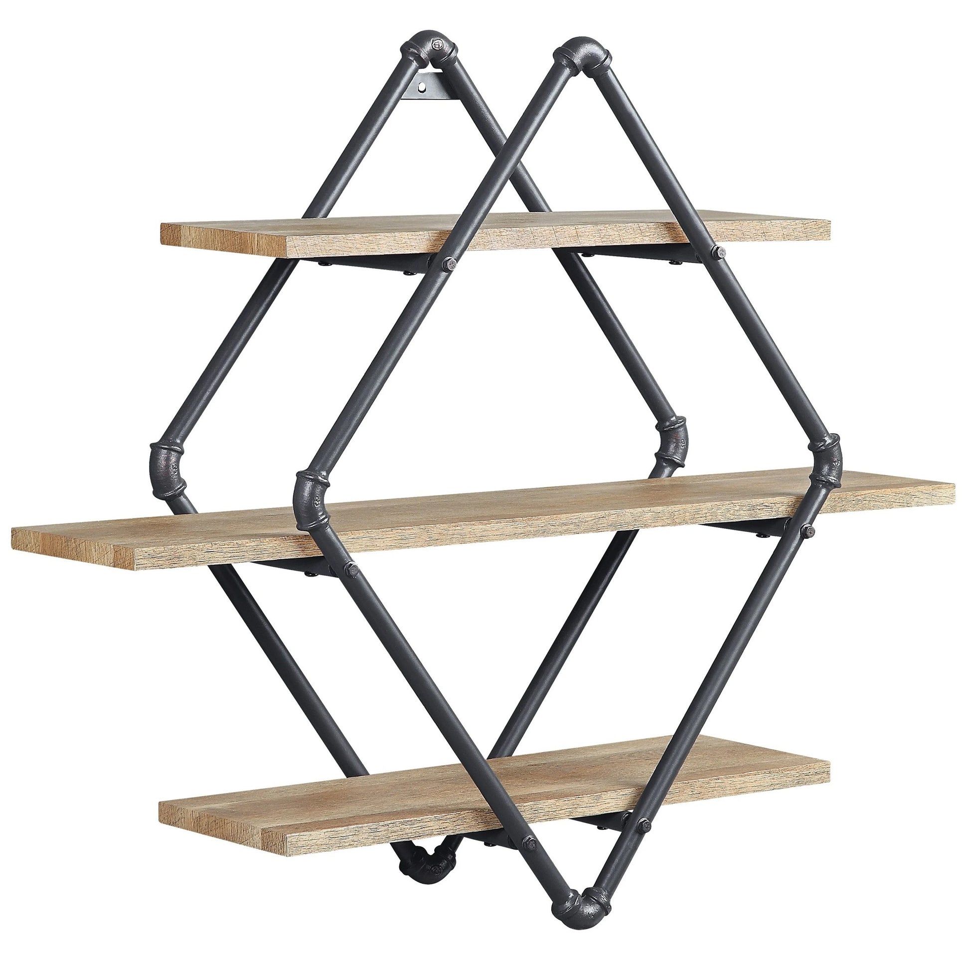 Vida 35 Inch Wall Mount Rack, 3 Tier, Diamond Pipe Frame, Brown, Black — Chic Home-Decor