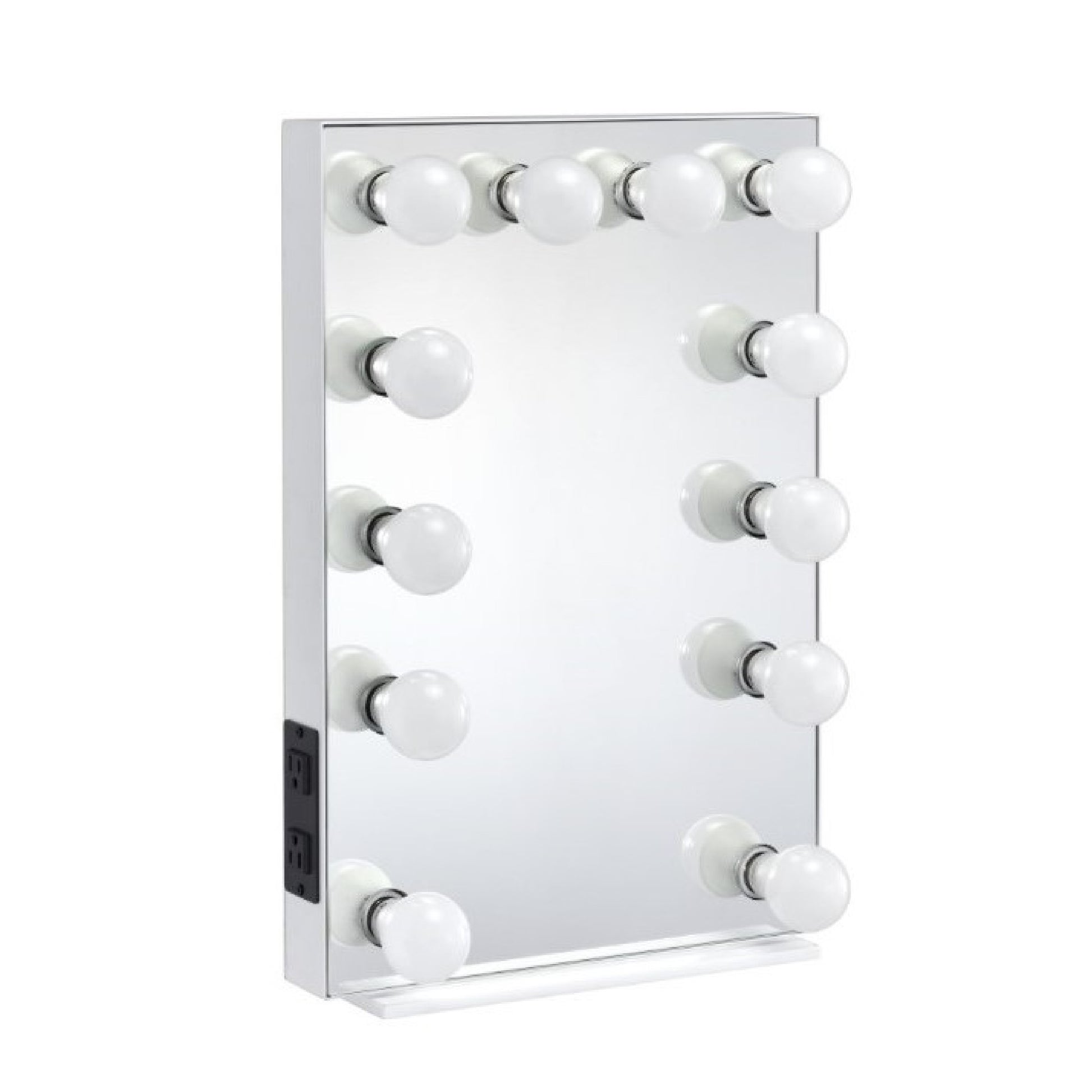 24 Inch Modern Lighted Mirror, 2 Power Outlets, 12 Bulb Sockets, White — Chic Home-Decor