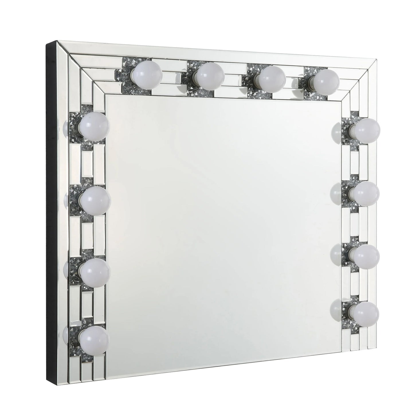 Zaff 32 Inch Modern Glam Lighted Mirror, 12 Sockets, Faux Diamonds, Silver — Chic Home-Decor