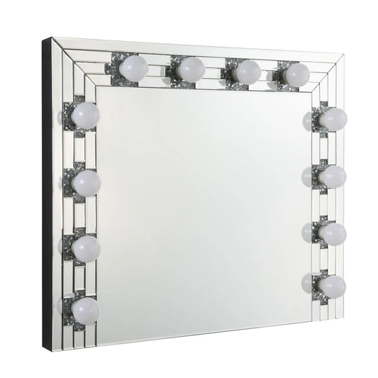 Zaff 32 Inch Modern Glam Lighted Mirror, 12 Sockets, Faux Diamonds, Silver — Chic Home-Decor