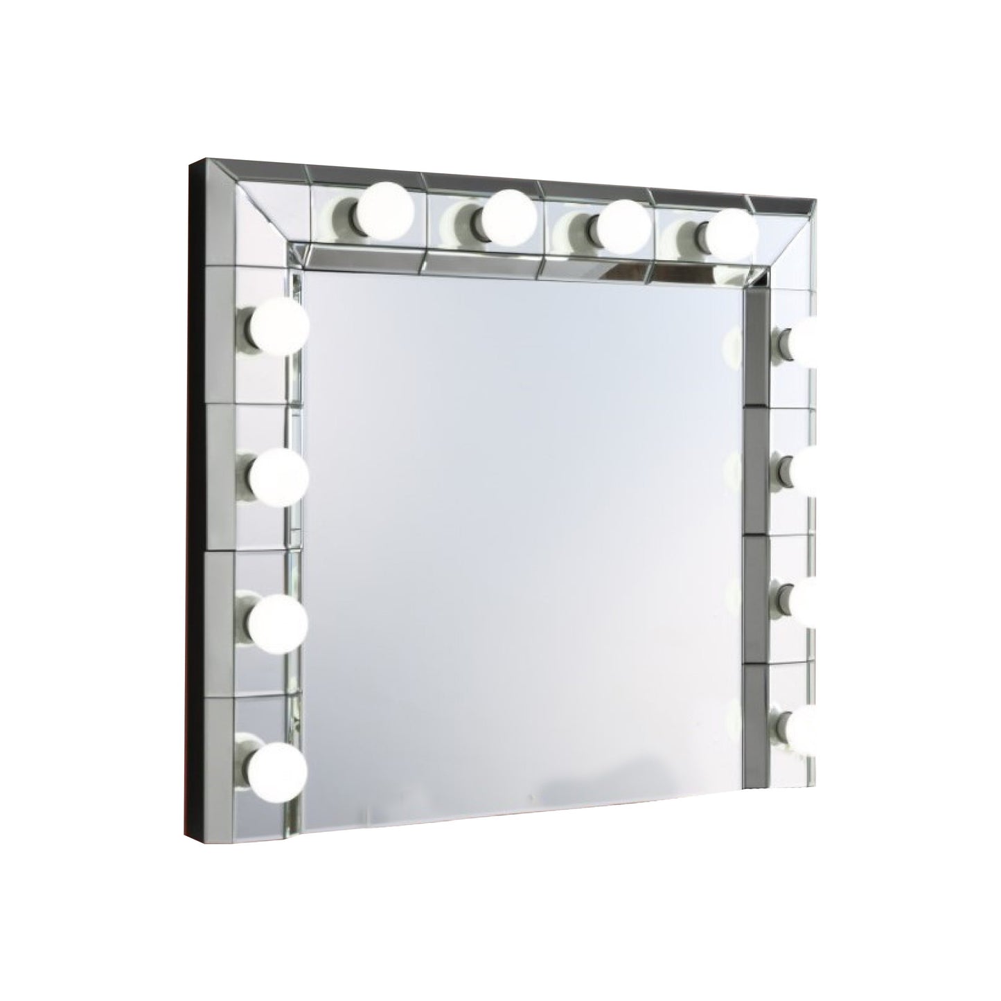 32 Inch Square Lighted Wall Mirror, 12 Bulb Sockets, Mirrored Frame, Silver — Chic Home-Decor