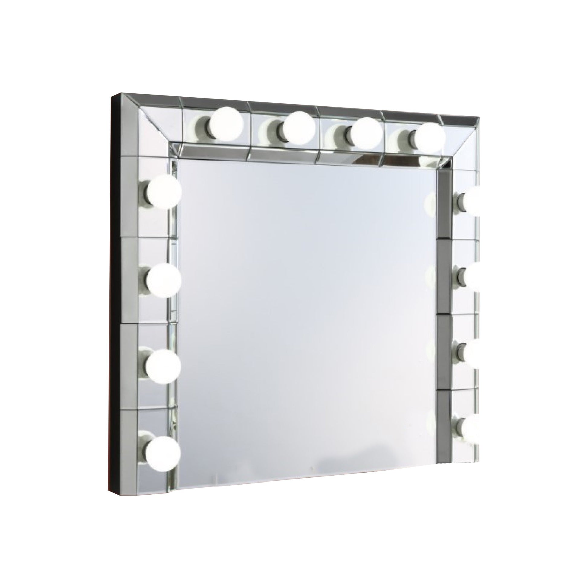 32 Inch Square Lighted Wall Mirror, 12 Bulb Sockets, Mirrored Frame, Silver — Chic Home-Decor