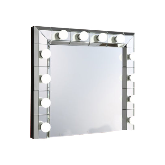 32 Inch Square Lighted Wall Mirror, 12 Bulb Sockets, Mirrored Frame, Silver — Chic Home-Decor