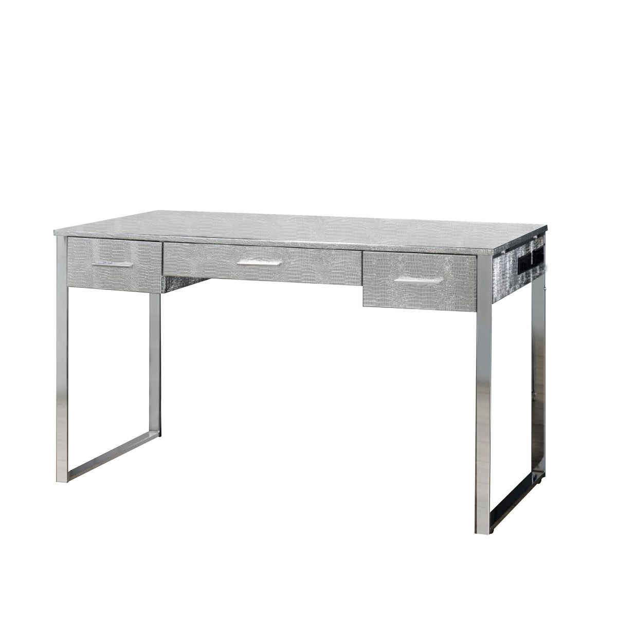 San 50 Inch Textured Vanity Desk with Round Mirror, Metal Sled Base, Chrome — Chic Home-Decor