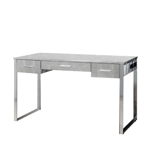 San 50 Inch Textured Vanity Desk with Round Mirror, Metal Sled Base, Chrome — Chic Home-Decor