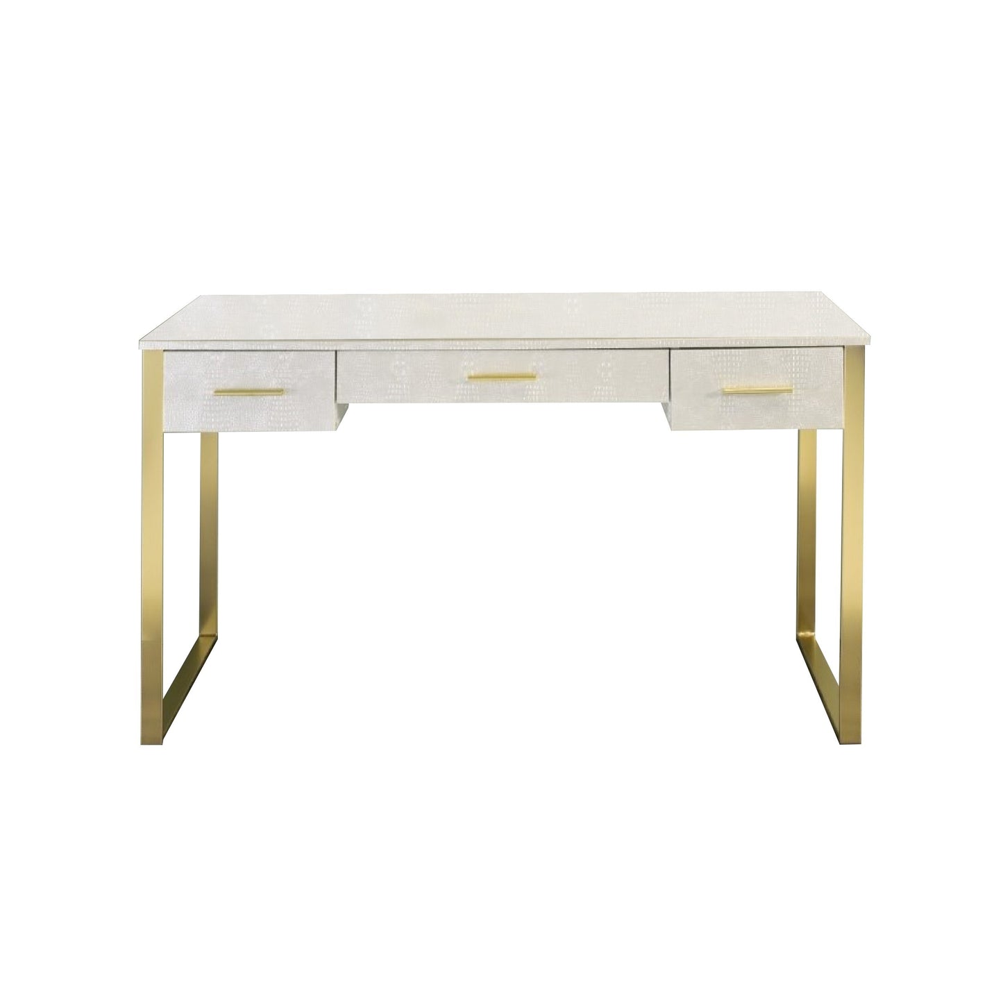 San 50 Inch Textured Vanity Desk with Round Mirror, Gold Sled Base, White — Chic Home-Decor