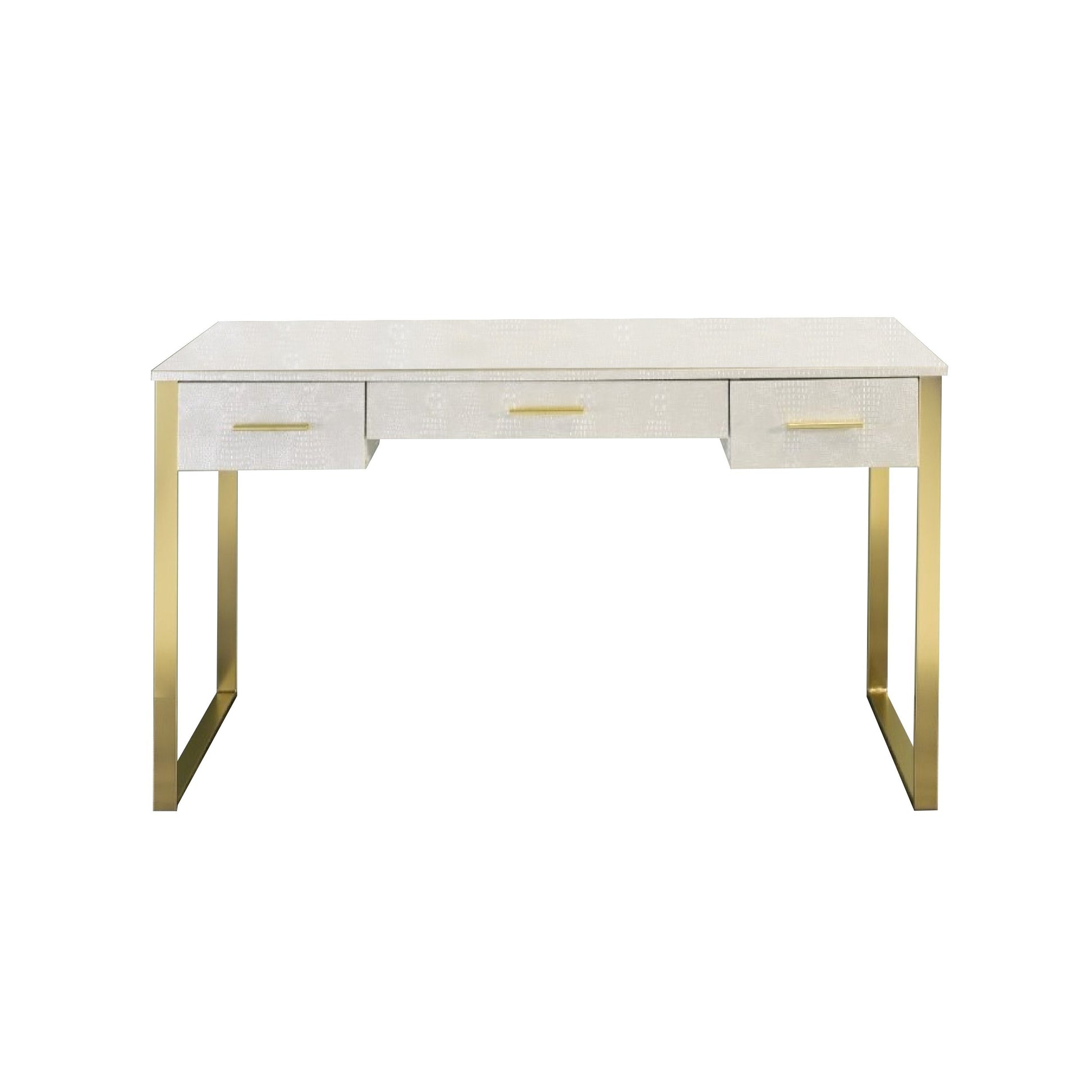 San 50 Inch Textured Vanity Desk with Round Mirror, Gold Sled Base, White — Chic Home-Decor