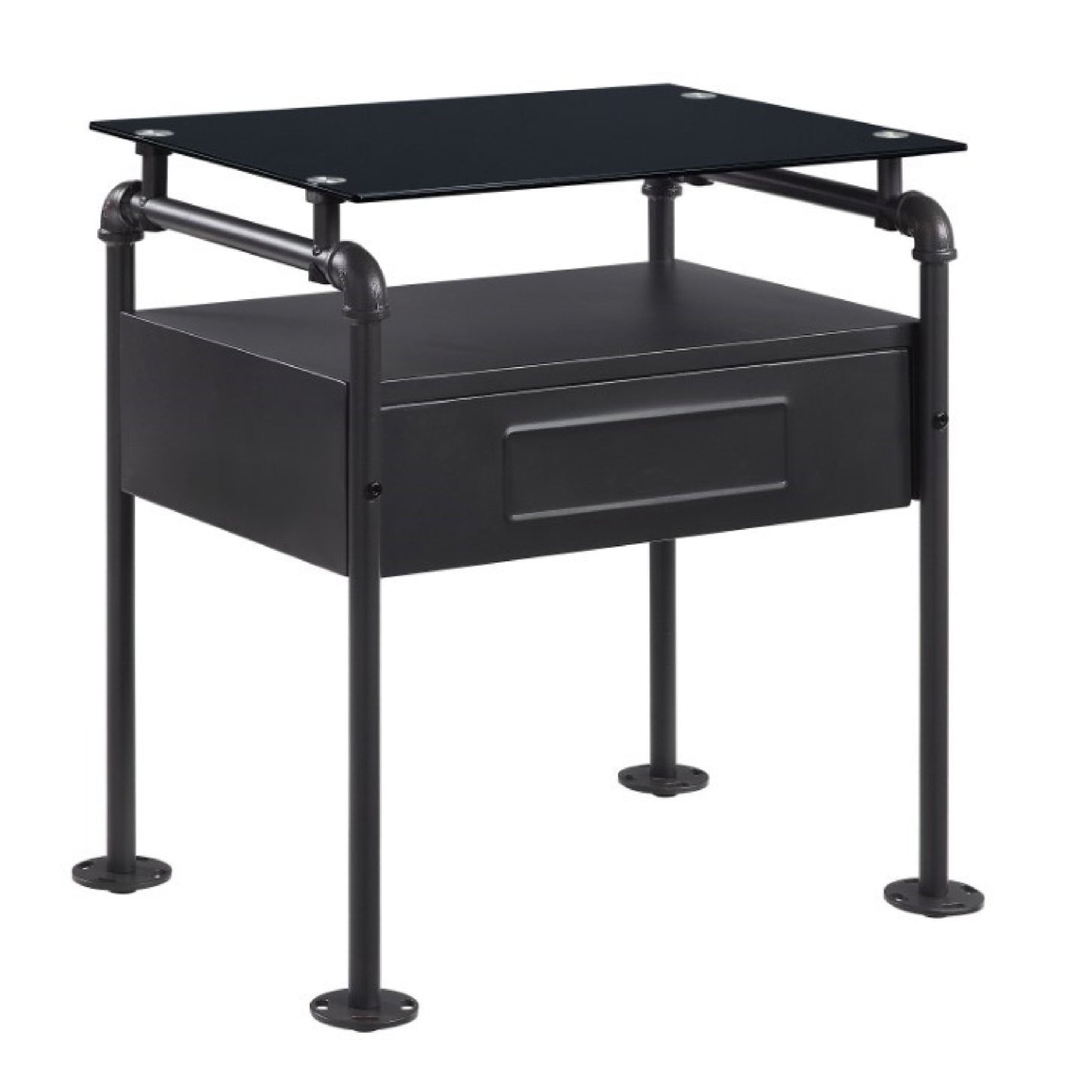 23 Inch Metal Nightstand Side Table, Tempered Glass, Industrial, Dark Gray — Chic Home-Decor