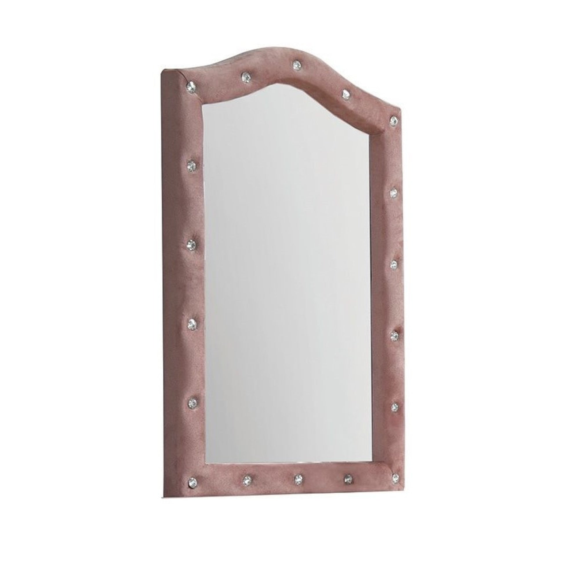 22 Inch Contemporary Upholstered Mirror, Crystal Tufting, Arched Top, Pink — Chic Home-Decor