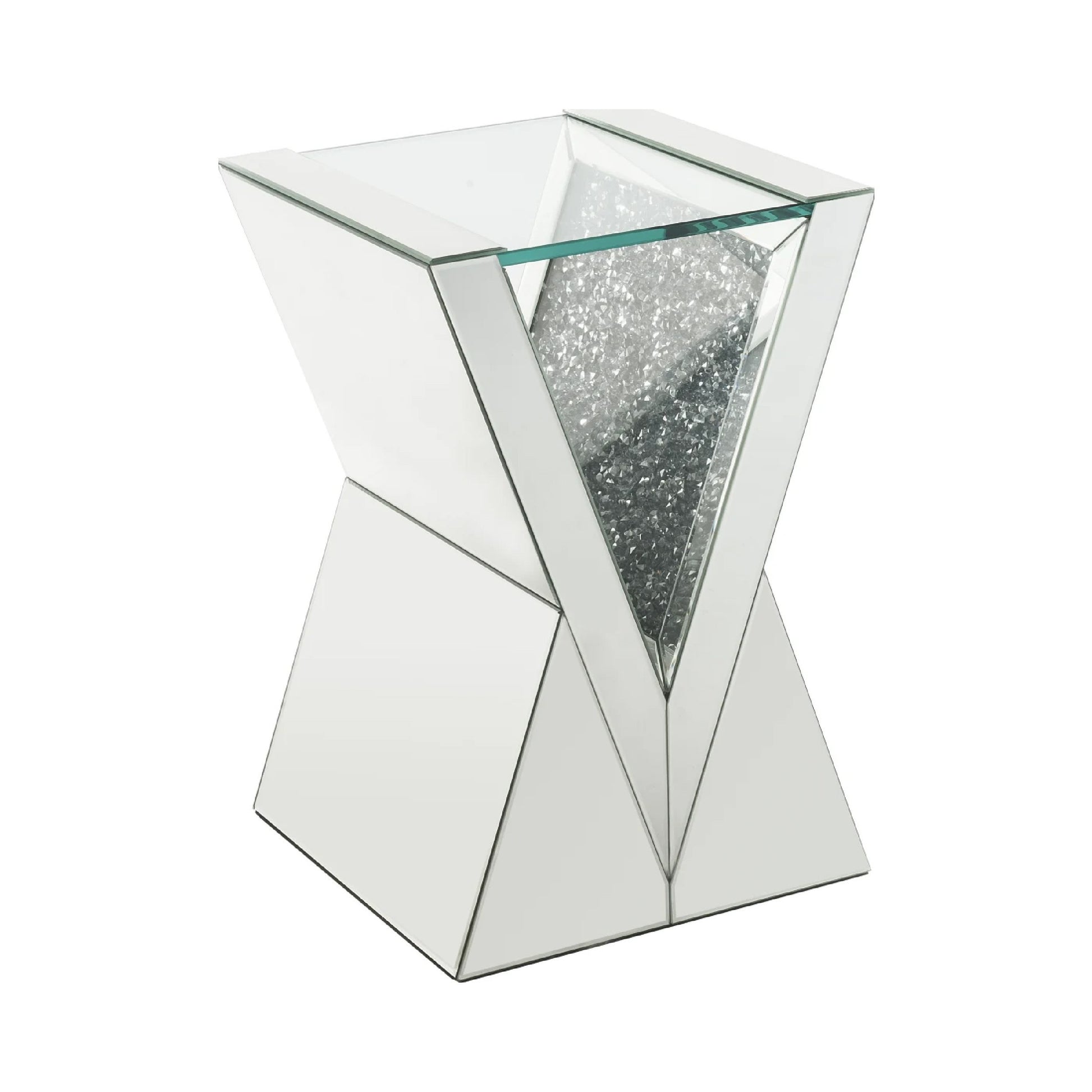 Noe 24 Inch Mirrored End Table, V Pedestal Base, Faux Diamond, Silver — Chic Home-Decor