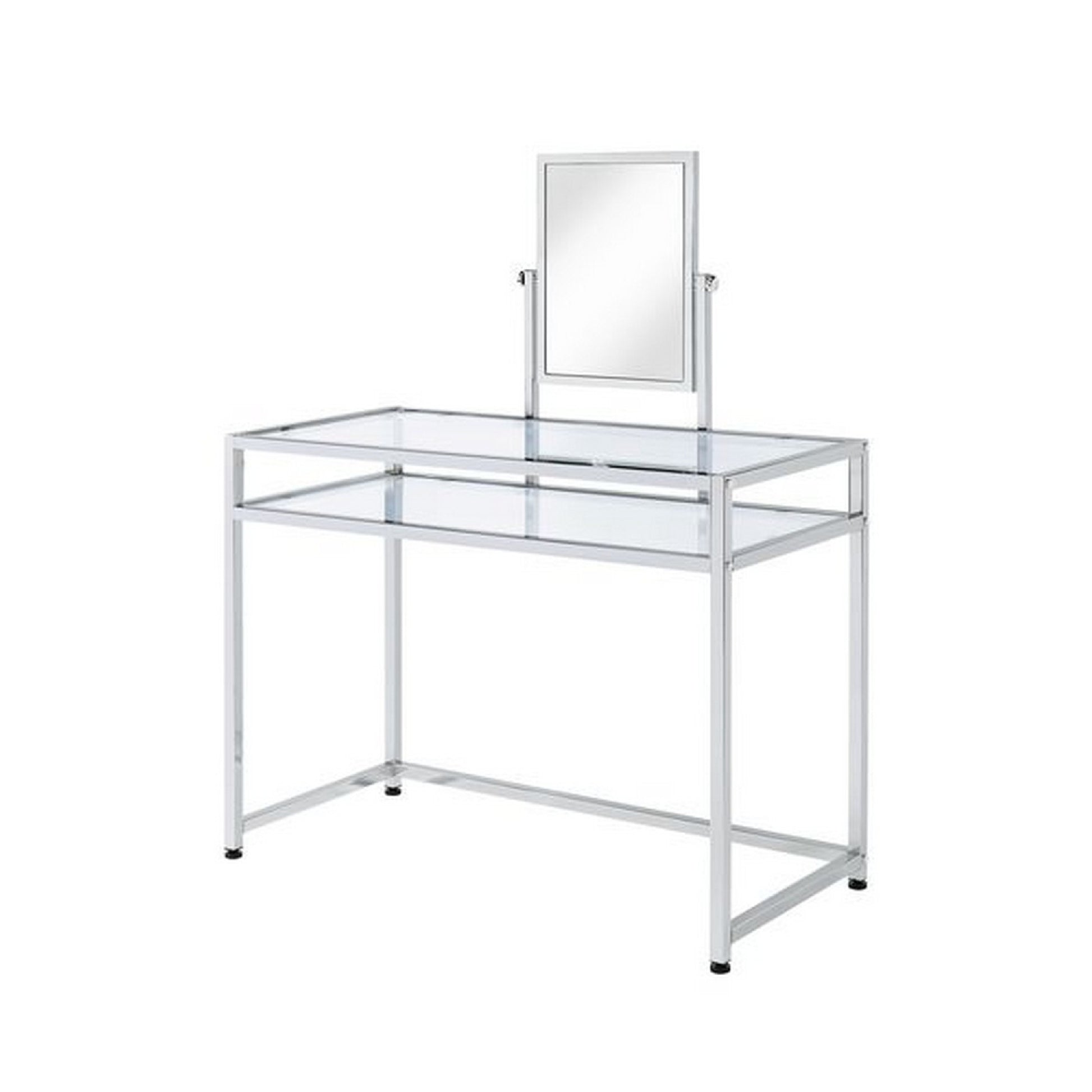 2 Piece Metal Vanity Set, Tempered Glass, Faux Fur Seat, 1 Shelf, Silver — Chic Home-Decor