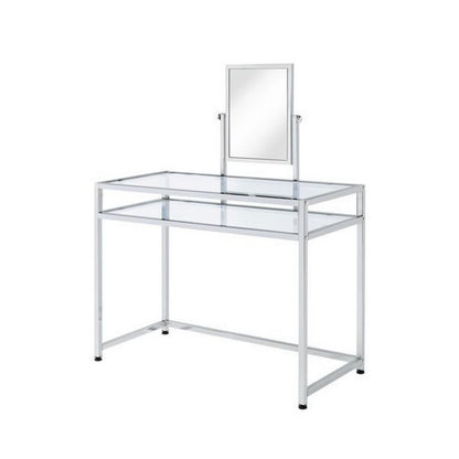 2 Piece Metal Vanity Set, Tempered Glass, Faux Fur Seat, 1 Shelf, Silver — Chic Home-Decor