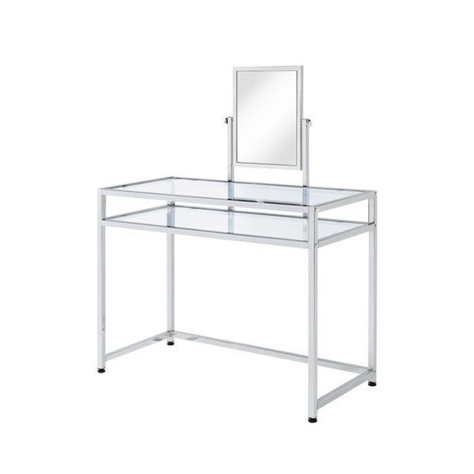 2 Piece Metal Vanity Set, Tempered Glass, Faux Fur Seat, 1 Shelf, Silver — Chic Home-Decor