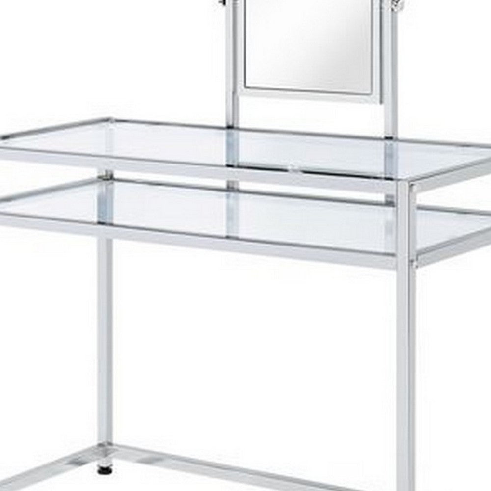 2 Piece Metal Vanity Set, Tempered Glass, Faux Fur Seat, 1 Shelf, Silver