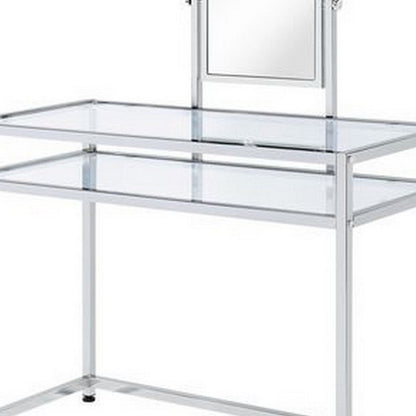 2 Piece Metal Vanity Set, Tempered Glass, Faux Fur Seat, 1 Shelf, Silver
