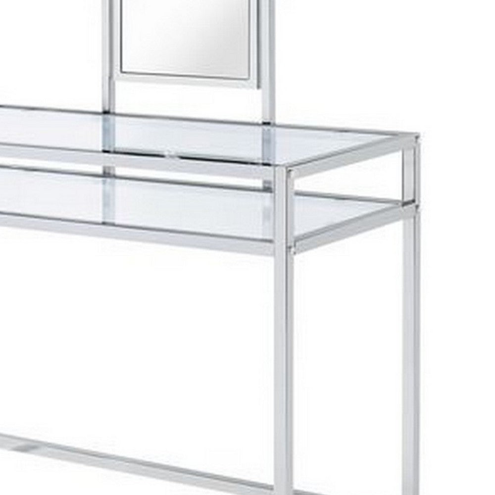2 Piece Metal Vanity Set, Tempered Glass, Faux Fur Seat, 1 Shelf, Silver
