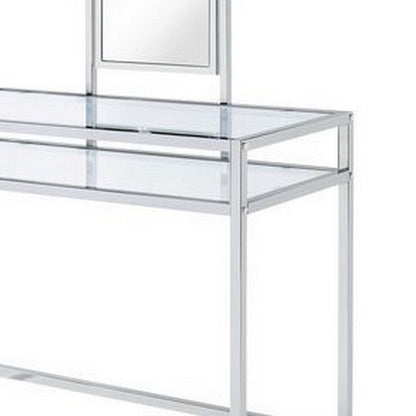 2 Piece Metal Vanity Set, Tempered Glass, Faux Fur Seat, 1 Shelf, Silver