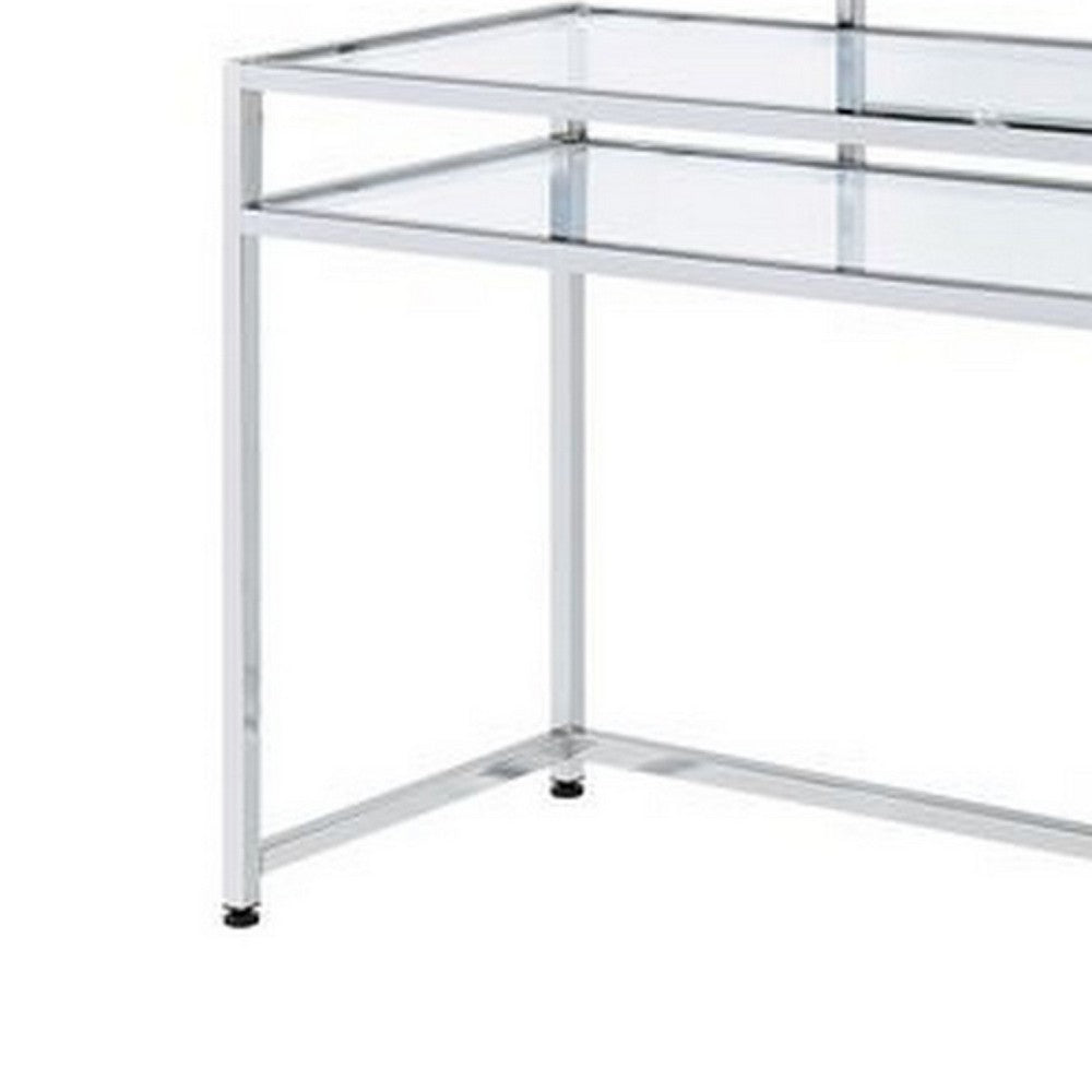 2 Piece Metal Vanity Set, Tempered Glass, Faux Fur Seat, 1 Shelf, Silver