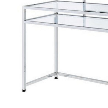 2 Piece Metal Vanity Set, Tempered Glass, Faux Fur Seat, 1 Shelf, Silver