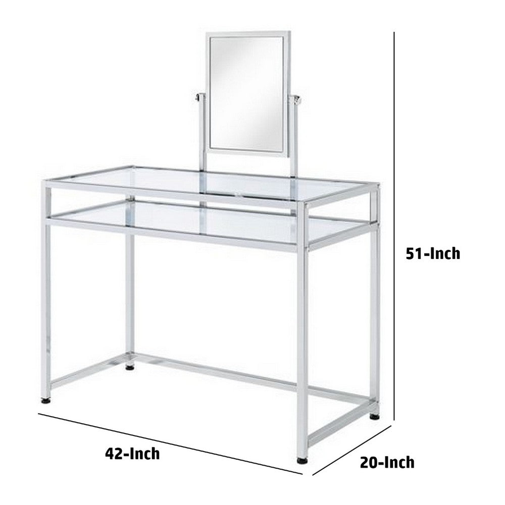 2 Piece Metal Vanity Set, Tempered Glass, Faux Fur Seat, 1 Shelf, Silver