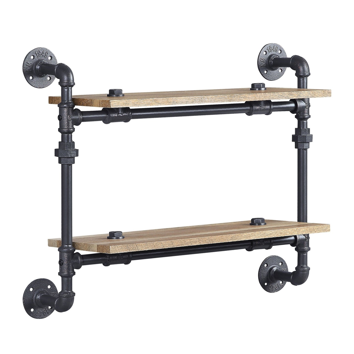 Ley 18 Inch Wood Wall Mount Double Shelf, Metal Pipe Design, Brown, Black — Chic Home-Decor