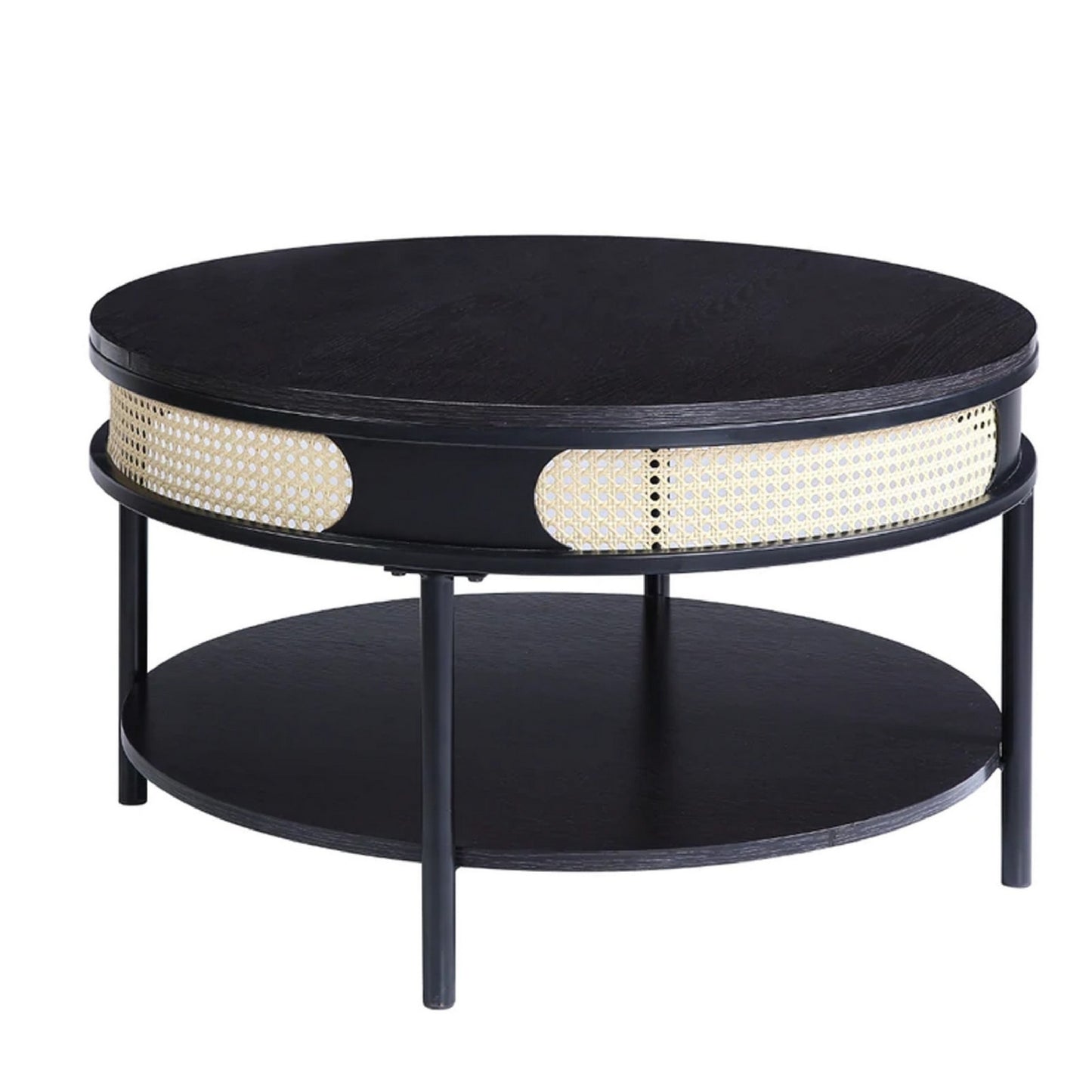 Bert 32 Inch Round Coffee Table, Rattan Apron Accent, Metal Legs, Black — Chic Home-Decor