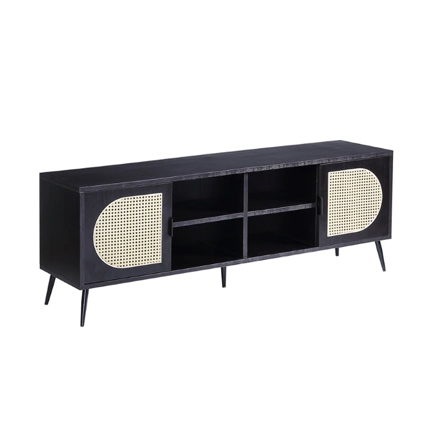 60 Inch TV Entertainment Center, Rattan Front 2 Cabinet, Metal Legs, Black — Chic Home-Decor