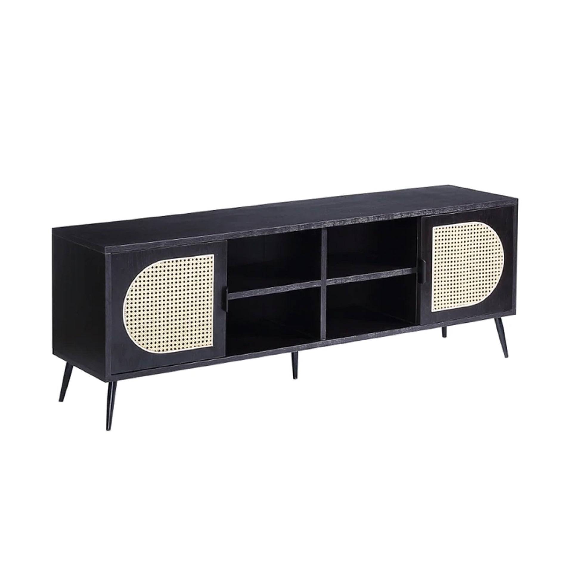 60 Inch TV Entertainment Center, Rattan Front 2 Cabinet, Metal Legs, Black — Chic Home-Decor