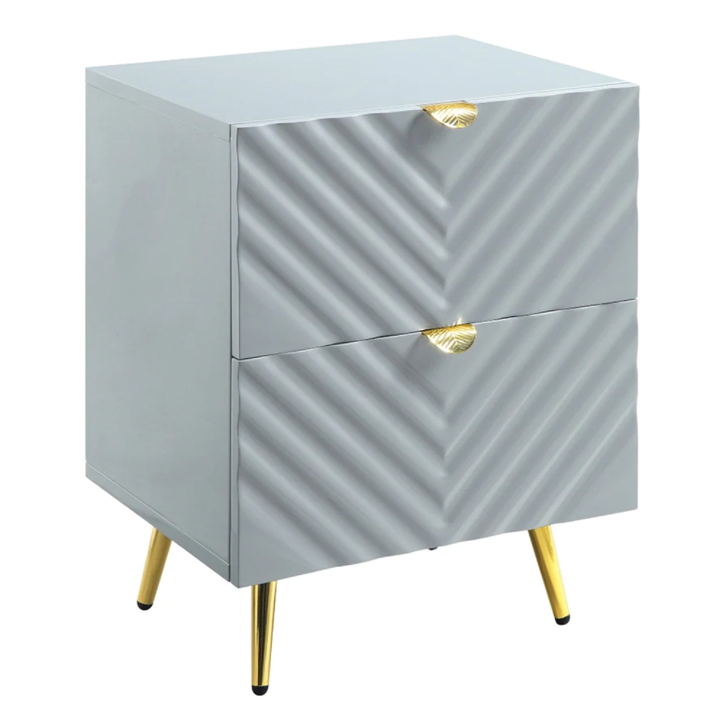 Tyra 25 Inch Wood Nightstand, Textured Wavy Design, Gold Metal Legs, Gray — Chic Home-Decor
