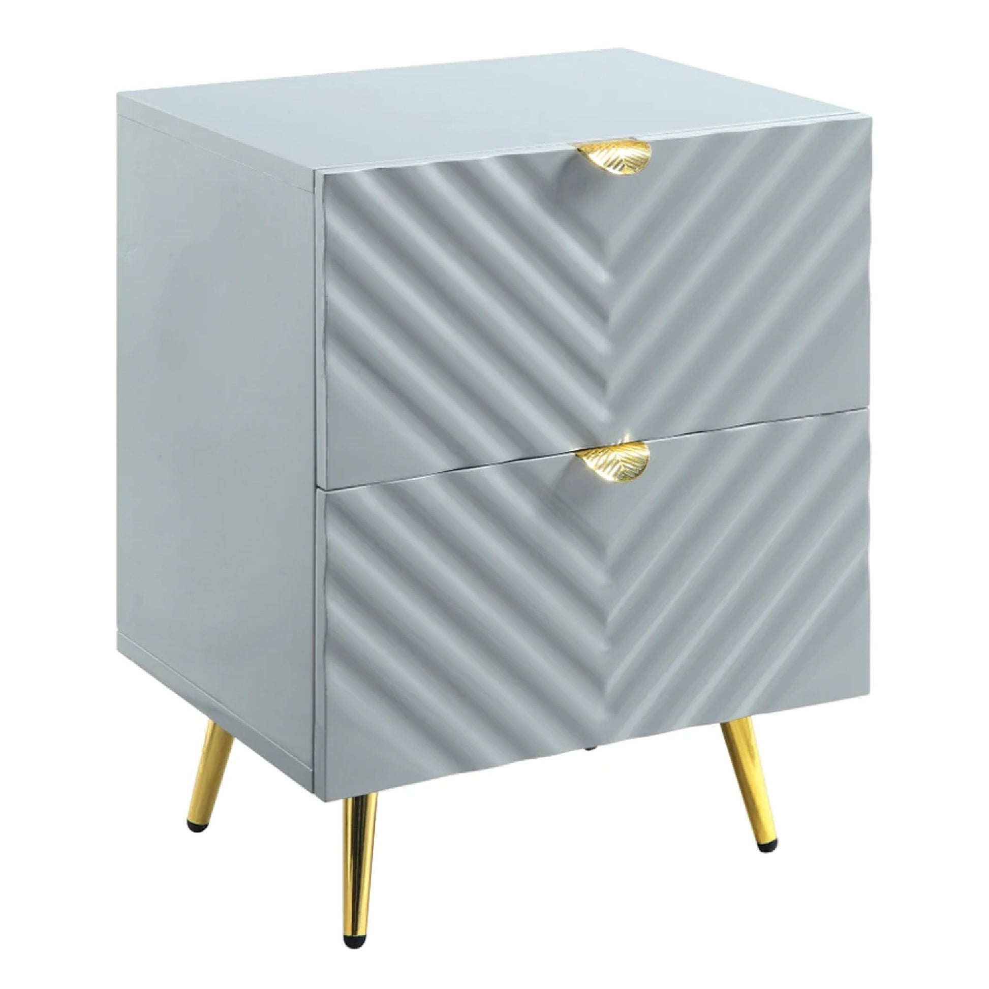 Tyra 25 Inch Wood Nightstand, Textured Wavy Design, Gold Metal Legs, Gray — Chic Home-Decor