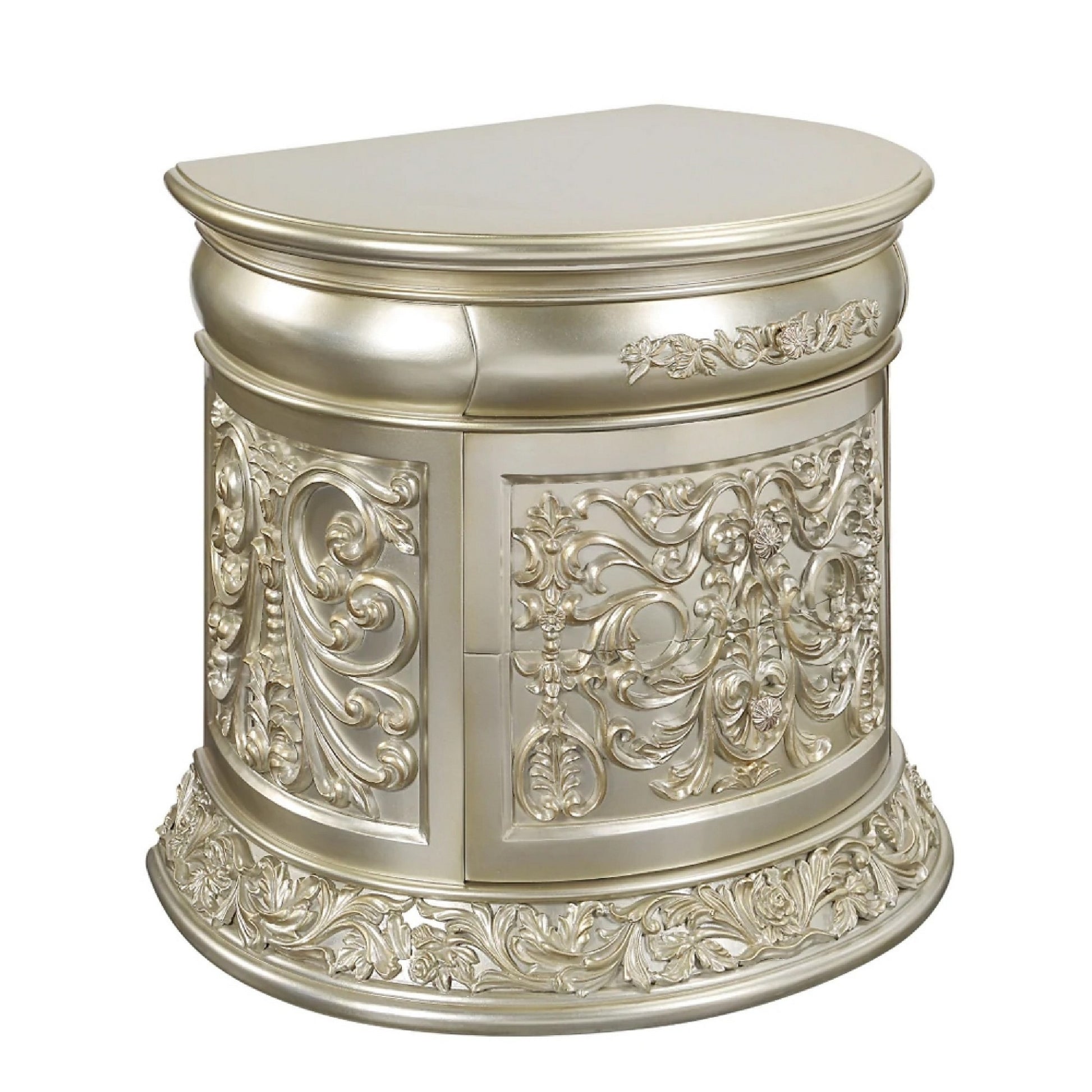Isa 32 Inch Classic Nightstand, 2 Drawers, Ornate Carvings, Wood, Gold — Chic Home-Decor