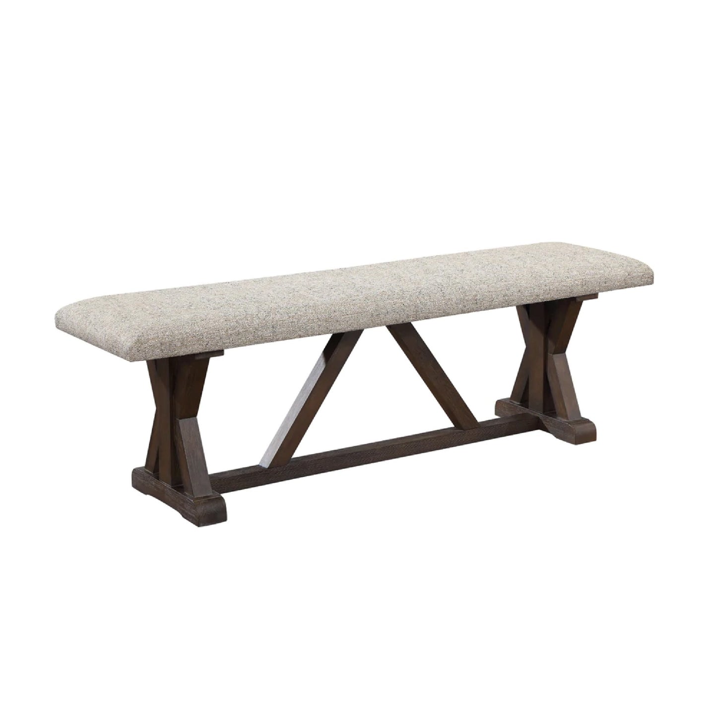60 Inch Bench, Padded Cushion, X Shaped Trestle Base, Gray, Oak Brown — Chic Home-Decor