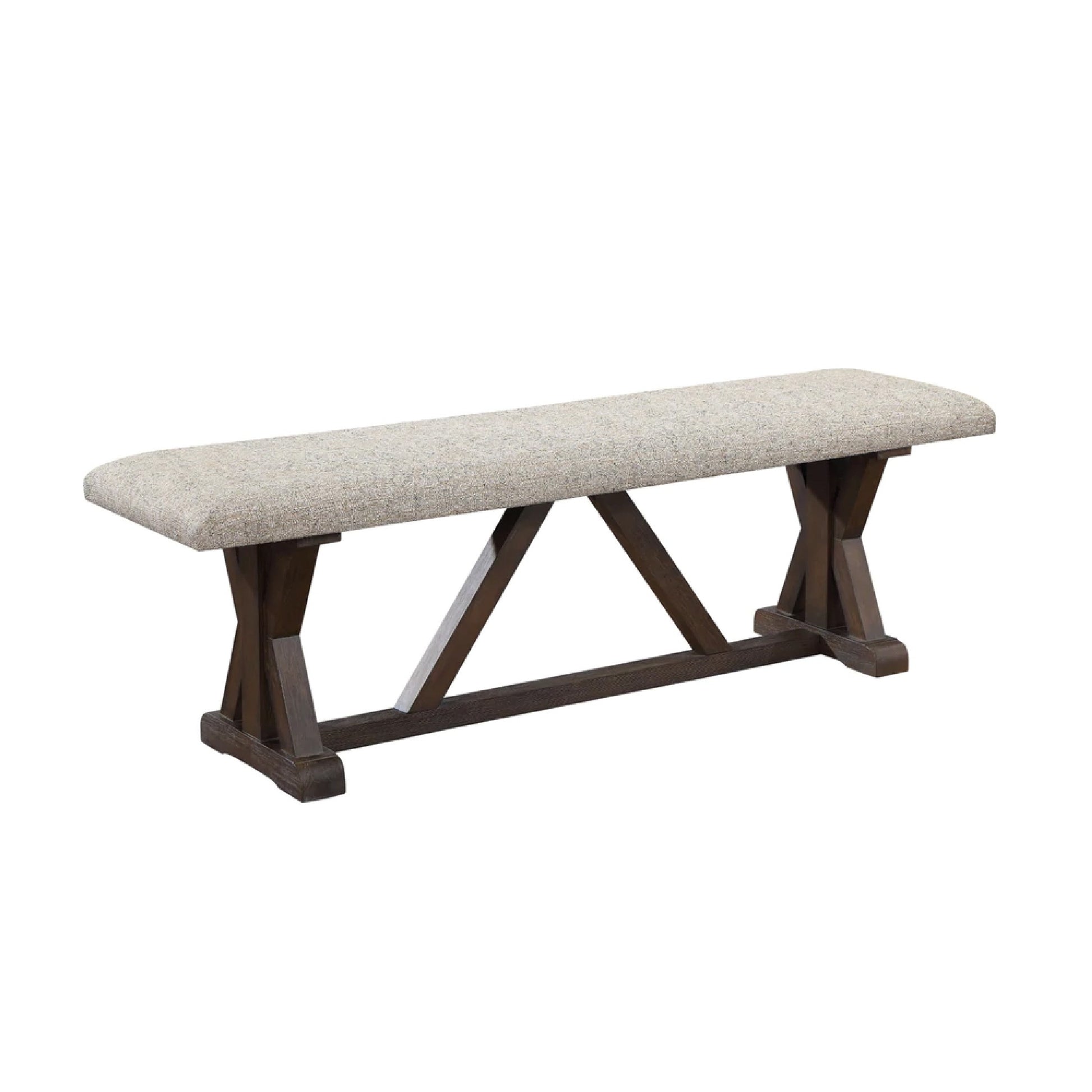 60 Inch Bench, Padded Cushion, X Shaped Trestle Base, Gray, Oak Brown — Chic Home-Decor