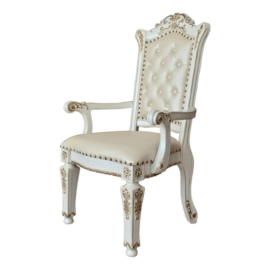 27 Inch Classic Vegan Leather Armchair, Button Tufted, Carved, White — Chic Home-Decor