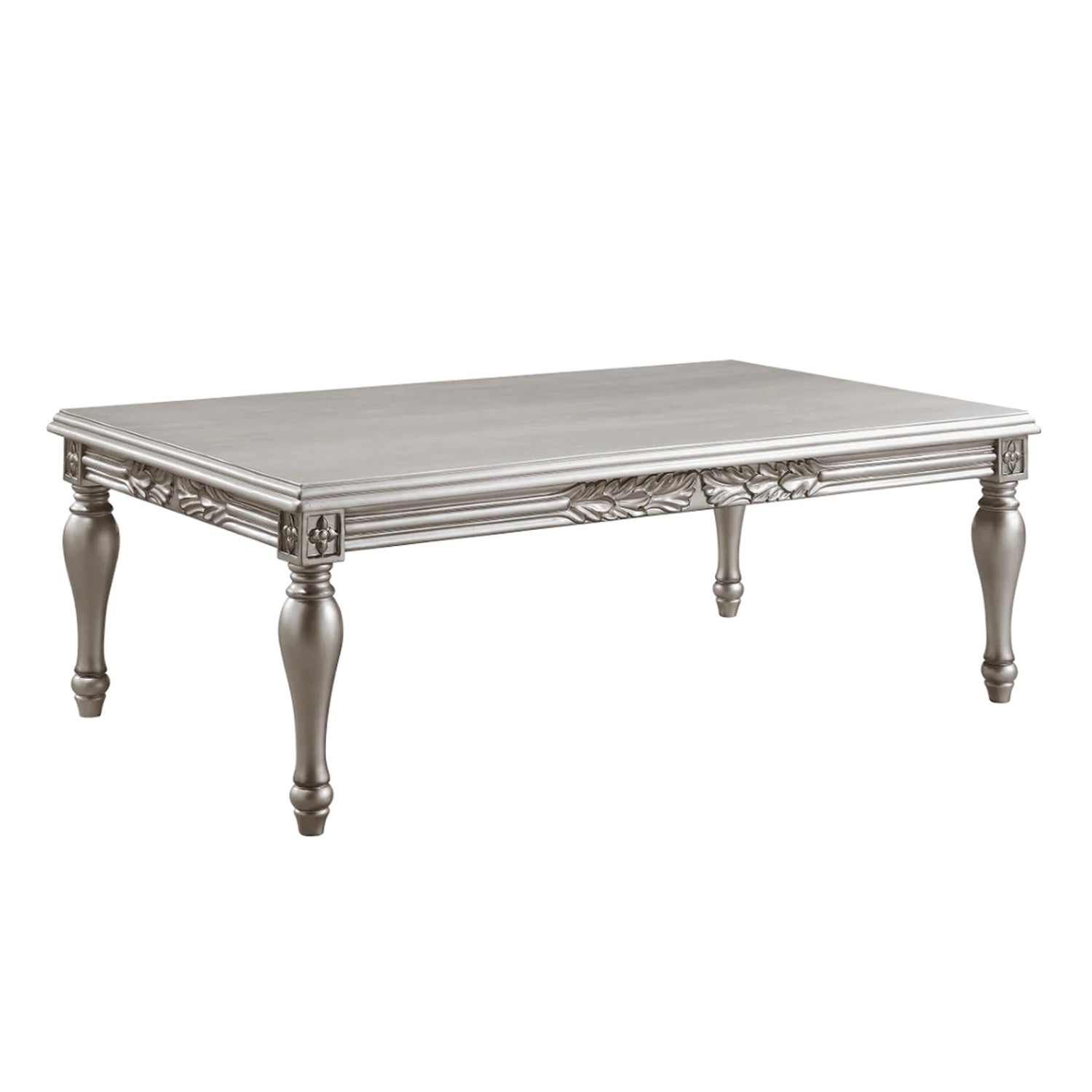 Sto 59 Inch Classic Coffee Table, Floral Trim, Turned Legs, Wood, Silver — Chic Home-Decor