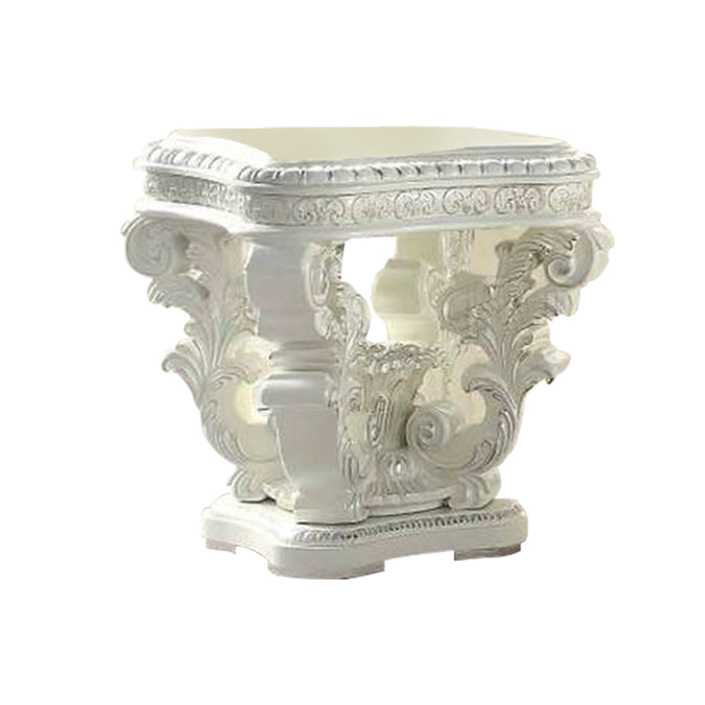 Kin 29 Inch Wood End Table, Raised Scrolled Pedestal, Ornate Motif, White — Chic Home-Decor