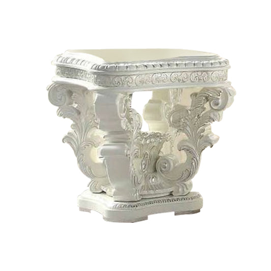 Kin 29 Inch Wood End Table, Raised Scrolled Pedestal, Ornate Motif, White — Chic Home-Decor