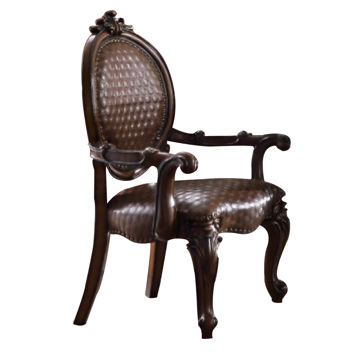 Kai 26 Inch Solid Wood Carved Armchair, Rolled Arms, Vegan Leather, Cherry — Chic Home-Decor