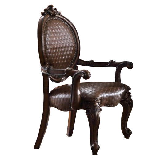 Kai 26 Inch Solid Wood Carved Armchair, Rolled Arms, Vegan Leather, Cherry — Chic Home-Decor