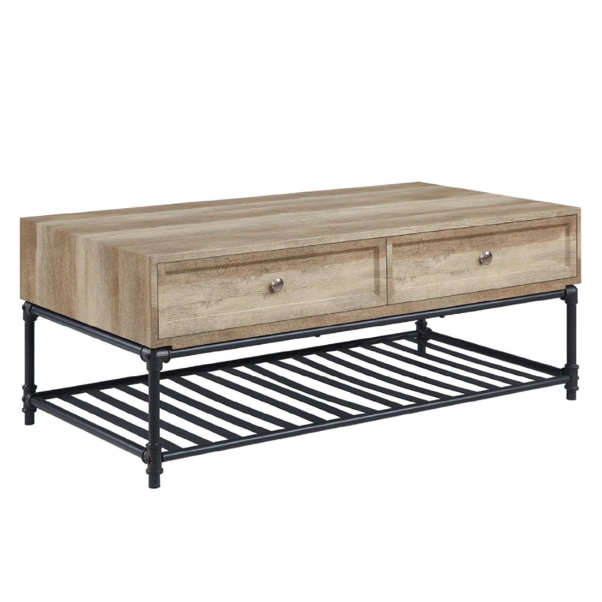 Ley 47 Inch Coffee Table, 2 Drawers, Industrial Design, Slatted Shelf, Oak — Chic Home-Decor