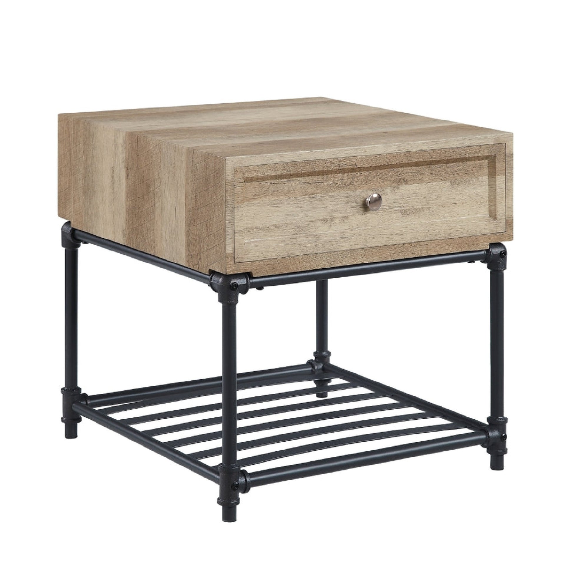 Ley 22 Inch End Table, 1 Drawer, Industrial Design, Slatted Shelf, Oak — Chic Home-Decor