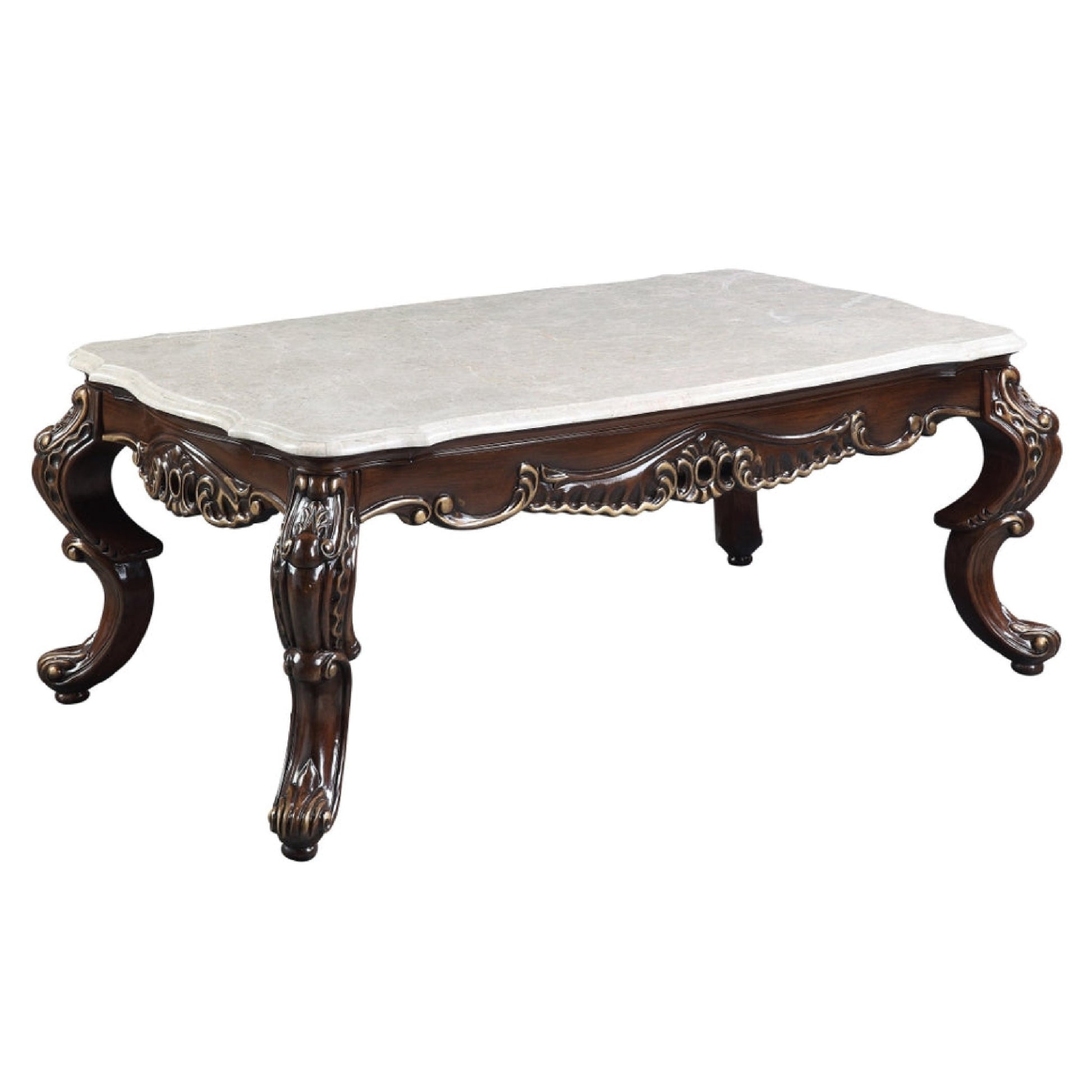 Ben 52 Inch Marble Coffee Table, Scrolled Details, Cabriole Legs, Brown — Chic Home-Decor