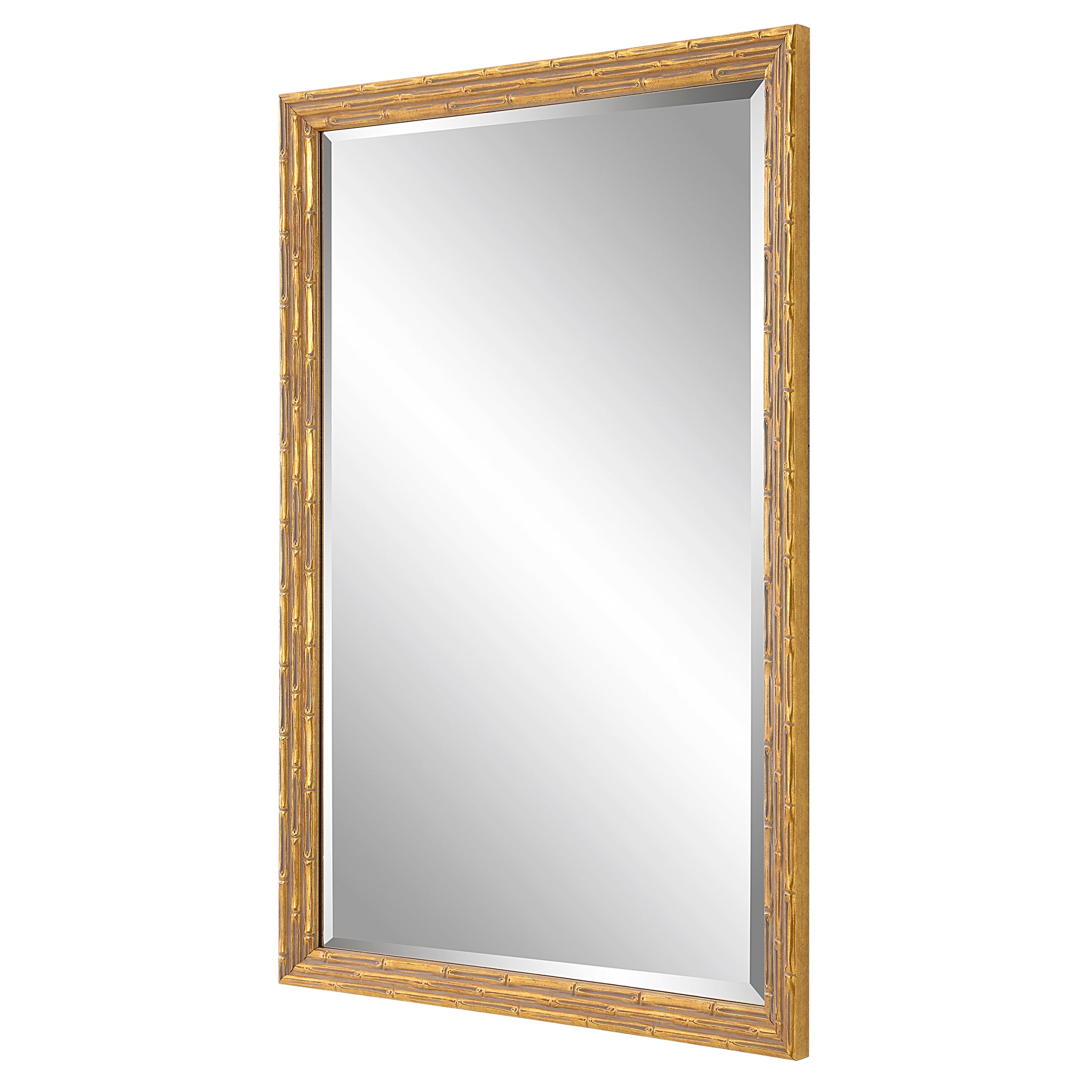 34 Inch Wood Rectangular Wall Mirror, Bamboo Design, Gold, Gray — Chic Home-Decor